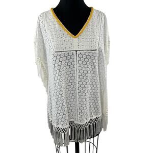 ALBERTO MAKALI White Floral Crochet Lace Fringe Beaded Dolman Tunic Cover Up M